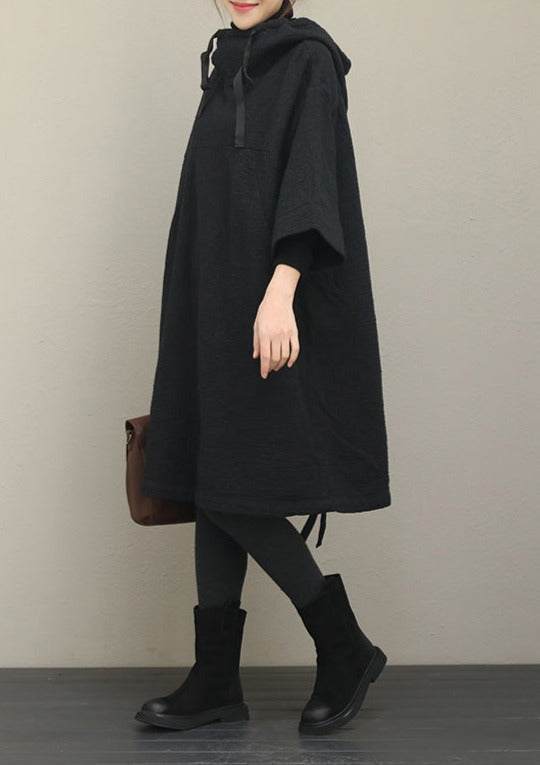 French Black Cotton Omychic Catwalk Hooded Half Sleeve Dresses
