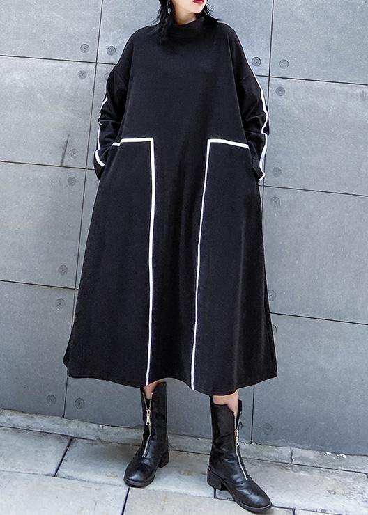 French Black Cotton Tunics Patchwork Color Cotton Stand Collar Dresses