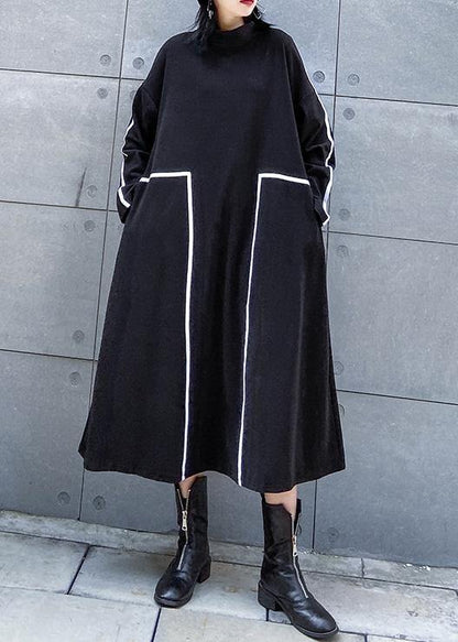 French Black Cotton Tunics Patchwork Color Cotton Stand Collar Dresses
