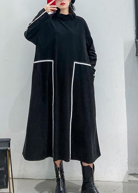 French Black Cotton Tunics Patchwork Color Cotton Stand Collar Dresses