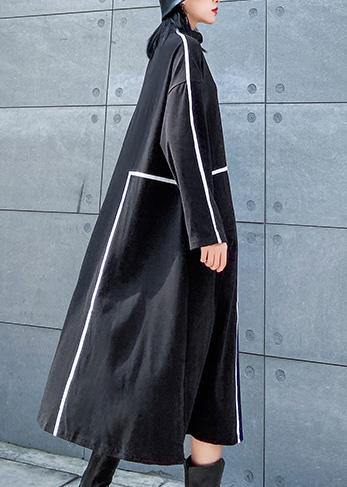French Black Cotton Tunics Patchwork Color Cotton Stand Collar Dresses