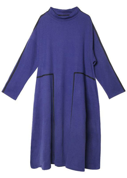 French Black Cotton Tunics Patchwork Color Cotton Stand Collar Dresses