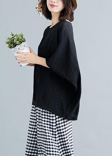 French Black Cotton Blended Clothes for Stylish Fabrics O Neck Batwing Sleeve Patchwork Loose Summer Tops