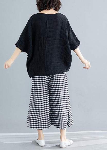 French Black Cotton Blended Clothes for Stylish Fabrics O Neck Batwing Sleeve Patchwork Loose Summer Tops
