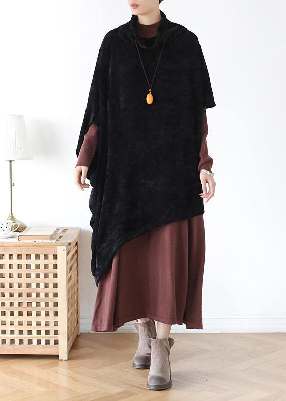 French Black Cotton Clothes for High Neck Asymmetric Daily Blouse