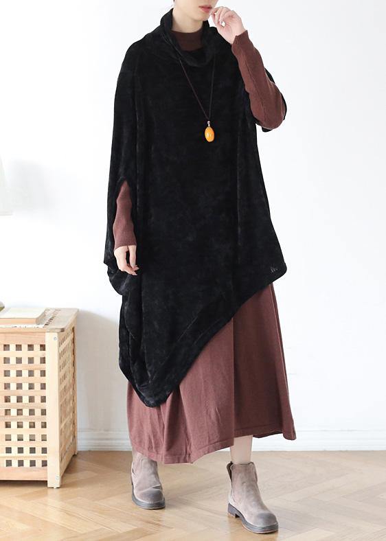 French black cotton clothes For Women high neck asymmetric daily blouse