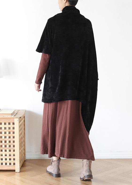 French black cotton clothes For Women high neck asymmetric daily blouse