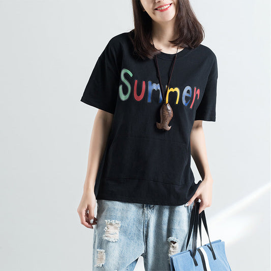 French Black Cotton Clothes for Stylish Work Outfits O Neck Letter Silhouette Top