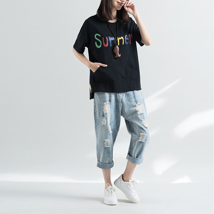 French Black Cotton Clothes for Stylish Work Outfits O Neck Letter Silhouette Top