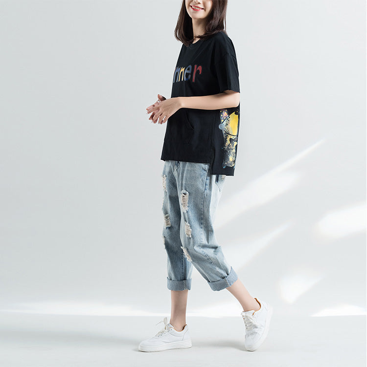 French Black Cotton Clothes for Stylish Work Outfits O Neck Letter Silhouette Top