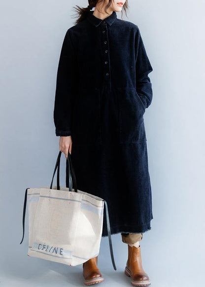 French Black Cotton Clothes Side Open Lapel Collar Dress