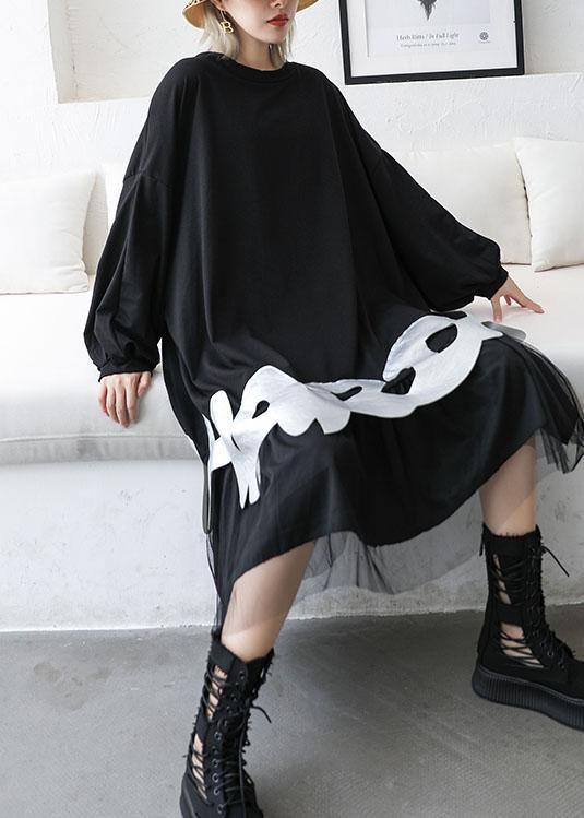 French Black Cotton Dress O Neck a Line Patchwork Dress