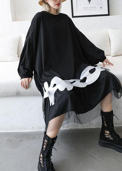 French Black Cotton Dress O Neck a Line Patchwork Dress