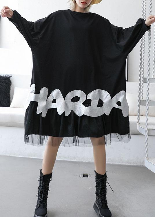 French Black Cotton Dress O Neck a Line Patchwork Dress