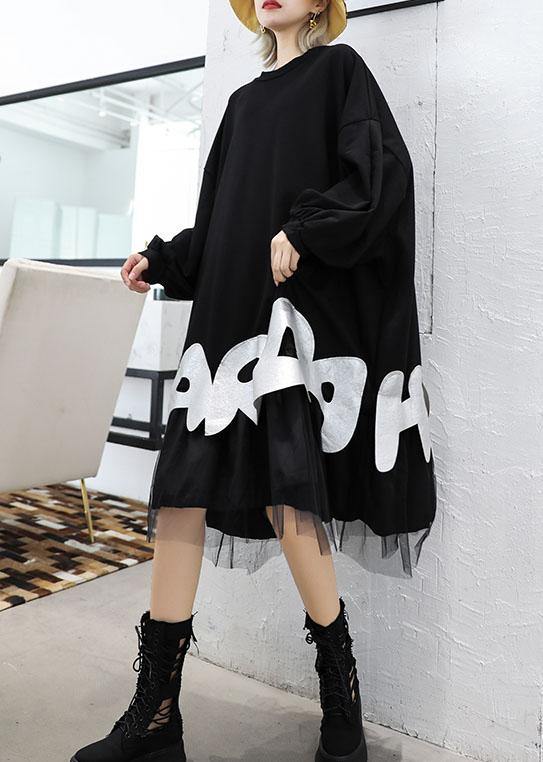 French Black Cotton Dress O Neck a Line Patchwork Dress