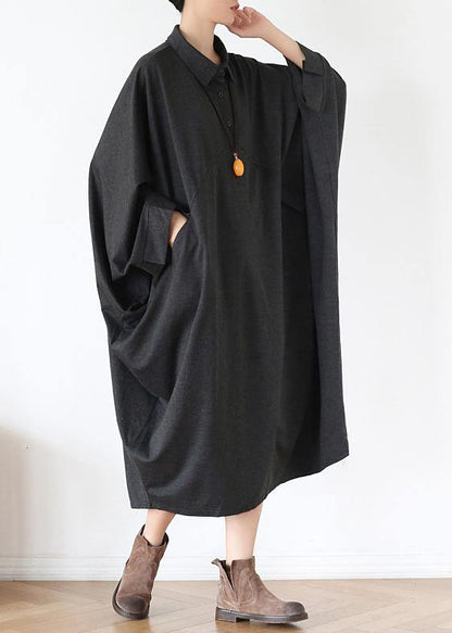 French Black Cotton Dresses Lapel Patchwork Fall Dress