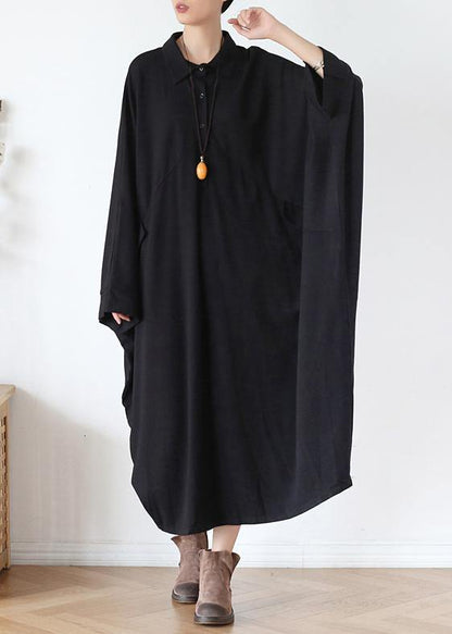 French Black Cotton Dresses Lapel Patchwork Fall Dress