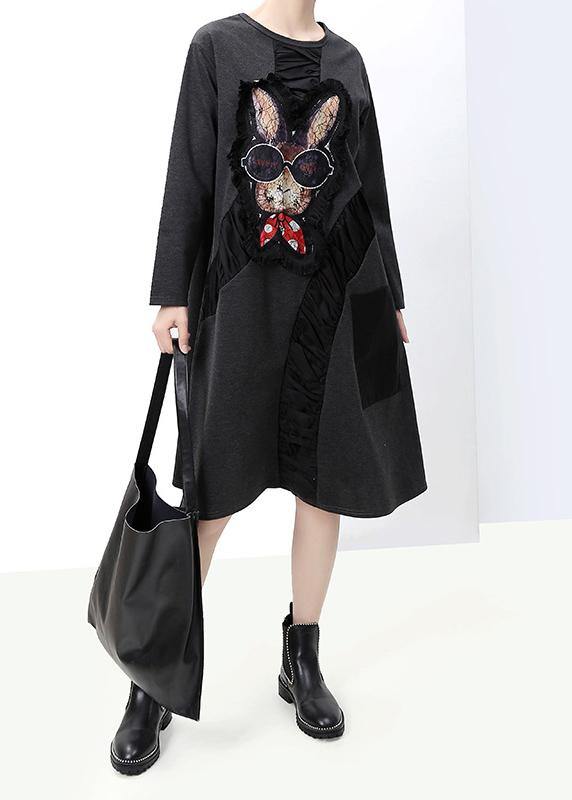 French Black Cotton Quilting Dresses Fall Asymmetric Patchwork Dress