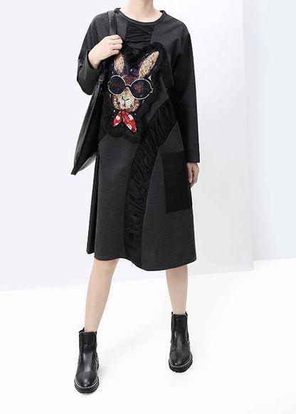 French Black Cotton Quilting Dresses Fall Asymmetric Patchwork Dress