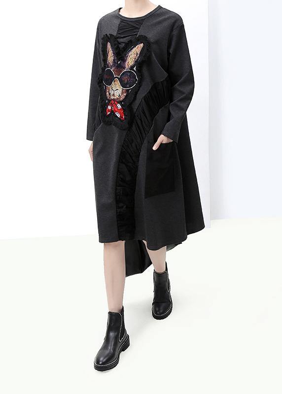 French Black Cotton Quilting Dresses Fall Asymmetric Patchwork Dress