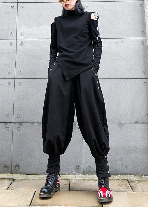 French Black Cotton Shirts Asymmetric Hollow Out Art Top