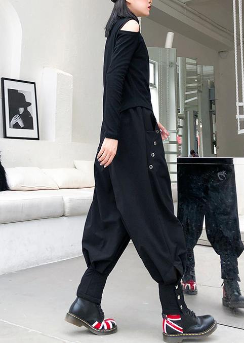 French black cotton shirts women asymmetric hollow out Art top