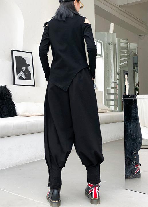 French Black Cotton Shirts Asymmetric Hollow Out Art Top