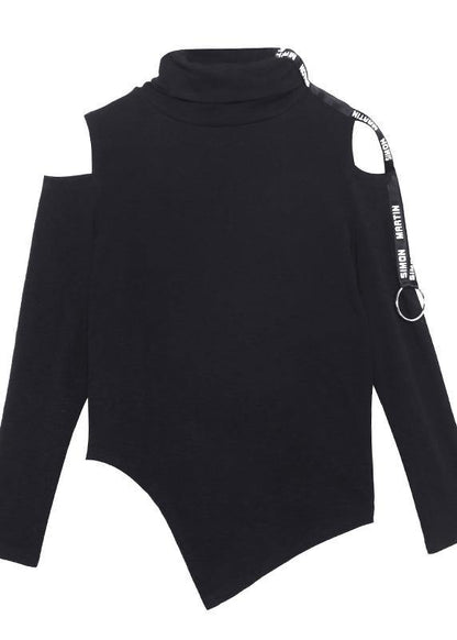 French black cotton shirts women asymmetric hollow out Art top