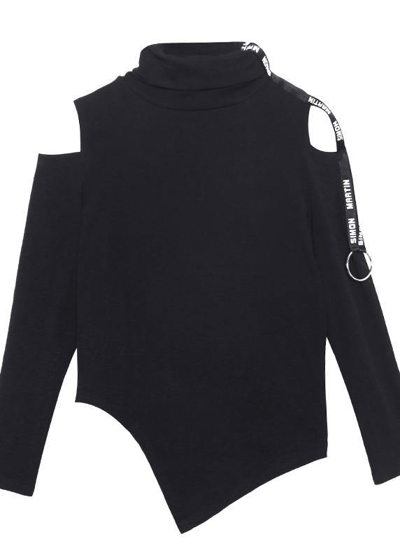 French Black Cotton Shirts Asymmetric Hollow Out Art Top