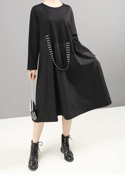 French Black Cotton Tunic Dress Patchwork Cotton Robes O Neck Dresses