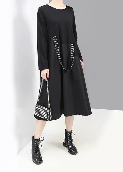 French Black Cotton Tunic Dress Patchwork Cotton Robes O Neck Dresses
