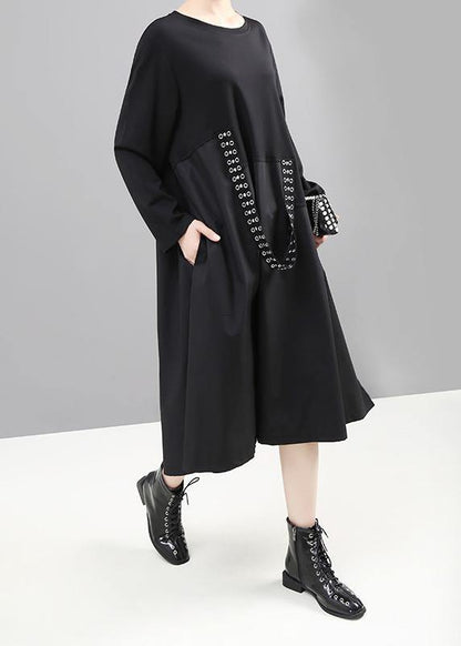 French Black Cotton Tunic Dress Patchwork Cotton Robes O Neck Dresses