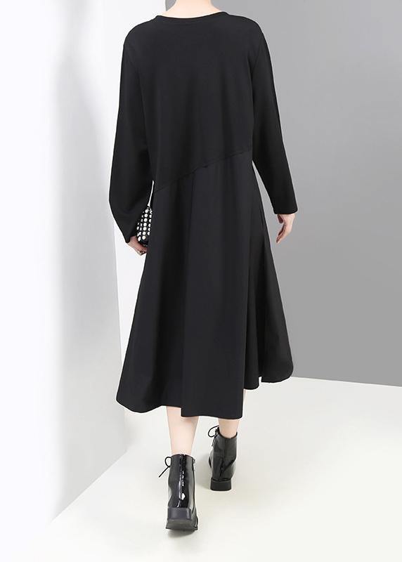 French Black Cotton Tunic Dress Patchwork Cotton Robes O Neck Dresses