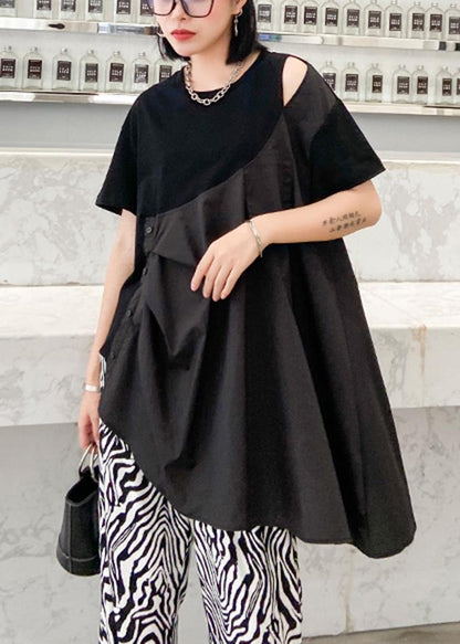 French Black Cotton Tunic Top O Neck Patchwork Baggy Shirts