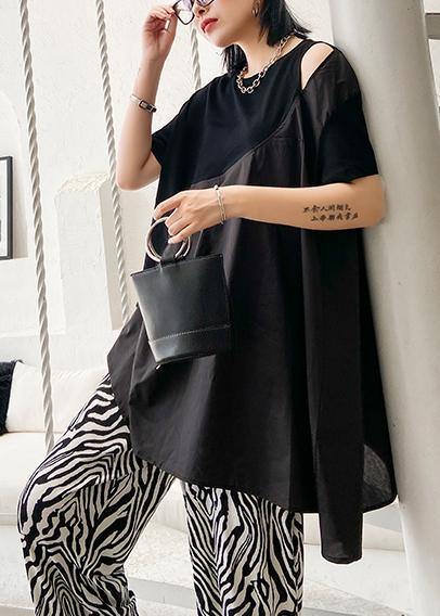 French Black Cotton Tunic Top O Neck Patchwork Baggy Shirts