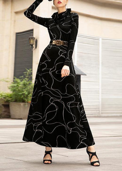 French Black Cotton Tunic Top Wild High Neck Dresses