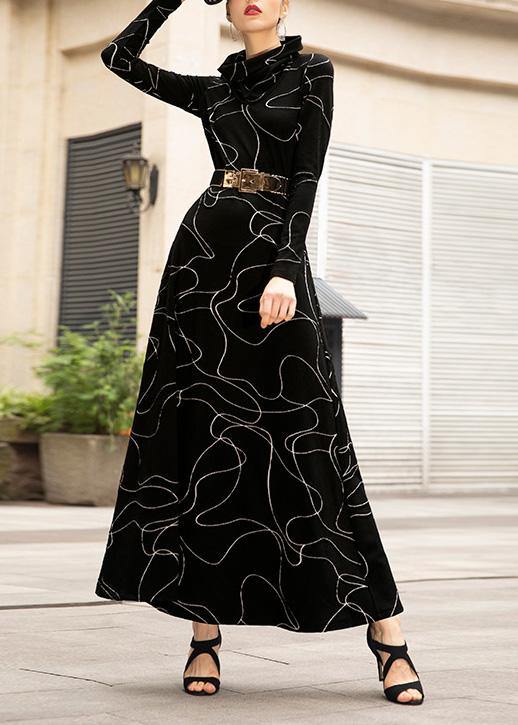 French Black Cotton Tunic Top Wild High Neck Dresses