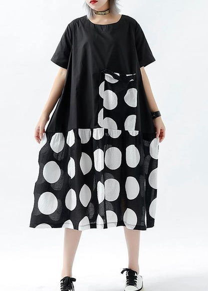 French Black Dotted Linen Cotton Tunic Top Patchwork Pockets Clothing Summer Dress