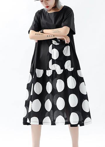 French Black Dotted Linen Cotton Tunic Top Patchwork Pockets Clothing Summer Dress