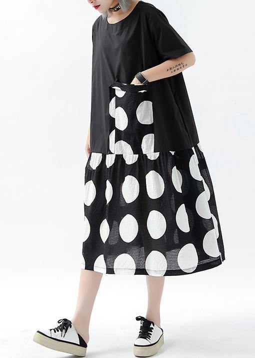 French Black Dotted Linen Cotton Tunic Top Patchwork Pockets Clothing Summer Dress