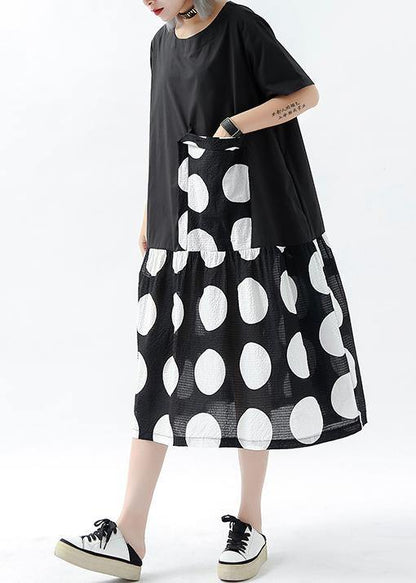 French Black Dotted Linen Cotton Tunic Top Patchwork Pockets Clothing Summer Dress