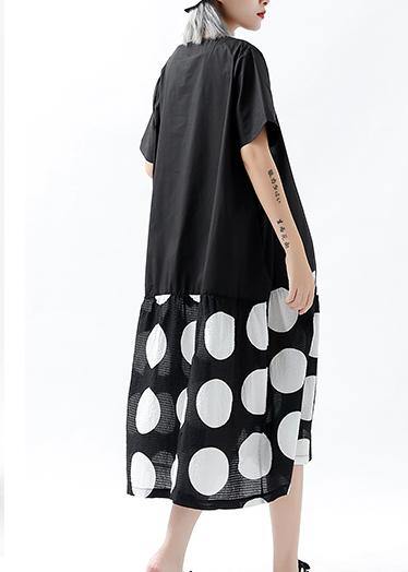 French Black Dotted Linen Cotton Tunic Top Patchwork Pockets Clothing Summer Dress