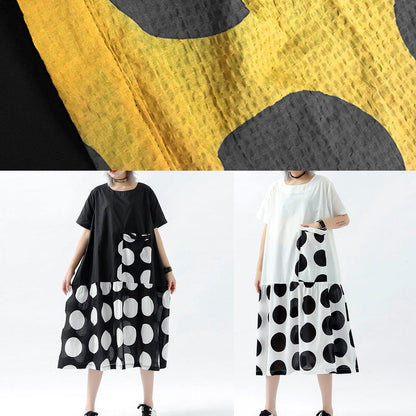 French Black Dotted Linen Cotton Tunic Top Patchwork Pockets Clothing Summer Dress