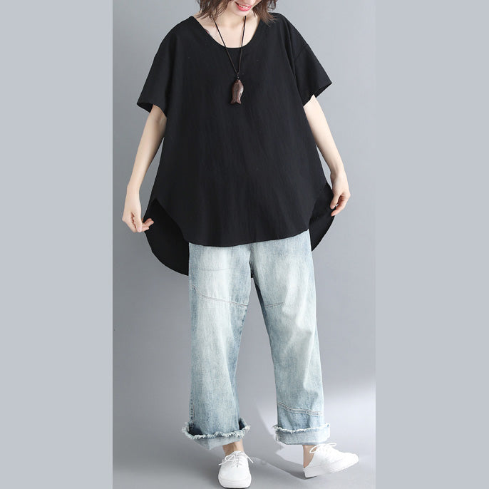 French Black Linen Long Shirts Design O Neck Tops