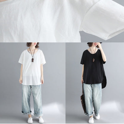 French Black Linen Long Shirts Design O Neck Tops