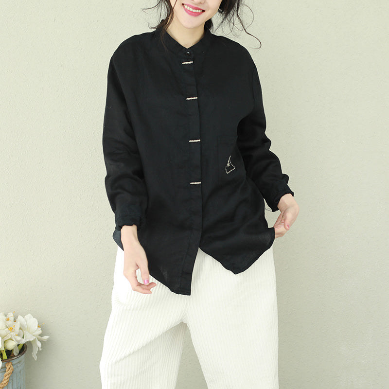 French Black Linen Blouses for Omychic Inspiration Stand Collar Loose Shirts