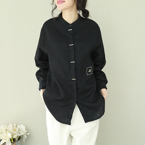 French Black Linen Blouses for Omychic Inspiration Stand Collar Loose Shirts