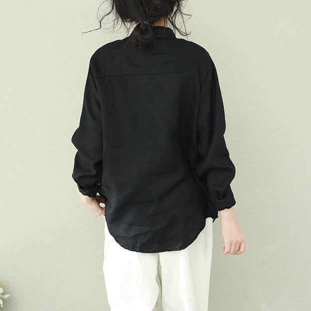 French Black Linen Blouses for Omychic Inspiration Stand Collar Loose Shirts