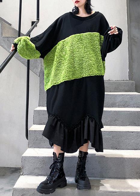French Black Patchwork Cotton Tunic Top Ruffles Long Winter Dress