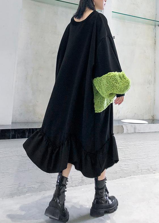French Black Patchwork Cotton Tunic Top Ruffles Long Winter Dress